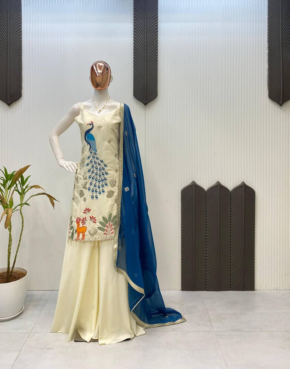 EXCLUSIVE PLAZZO PAIR WITH EMBROIDERED PEACOCK