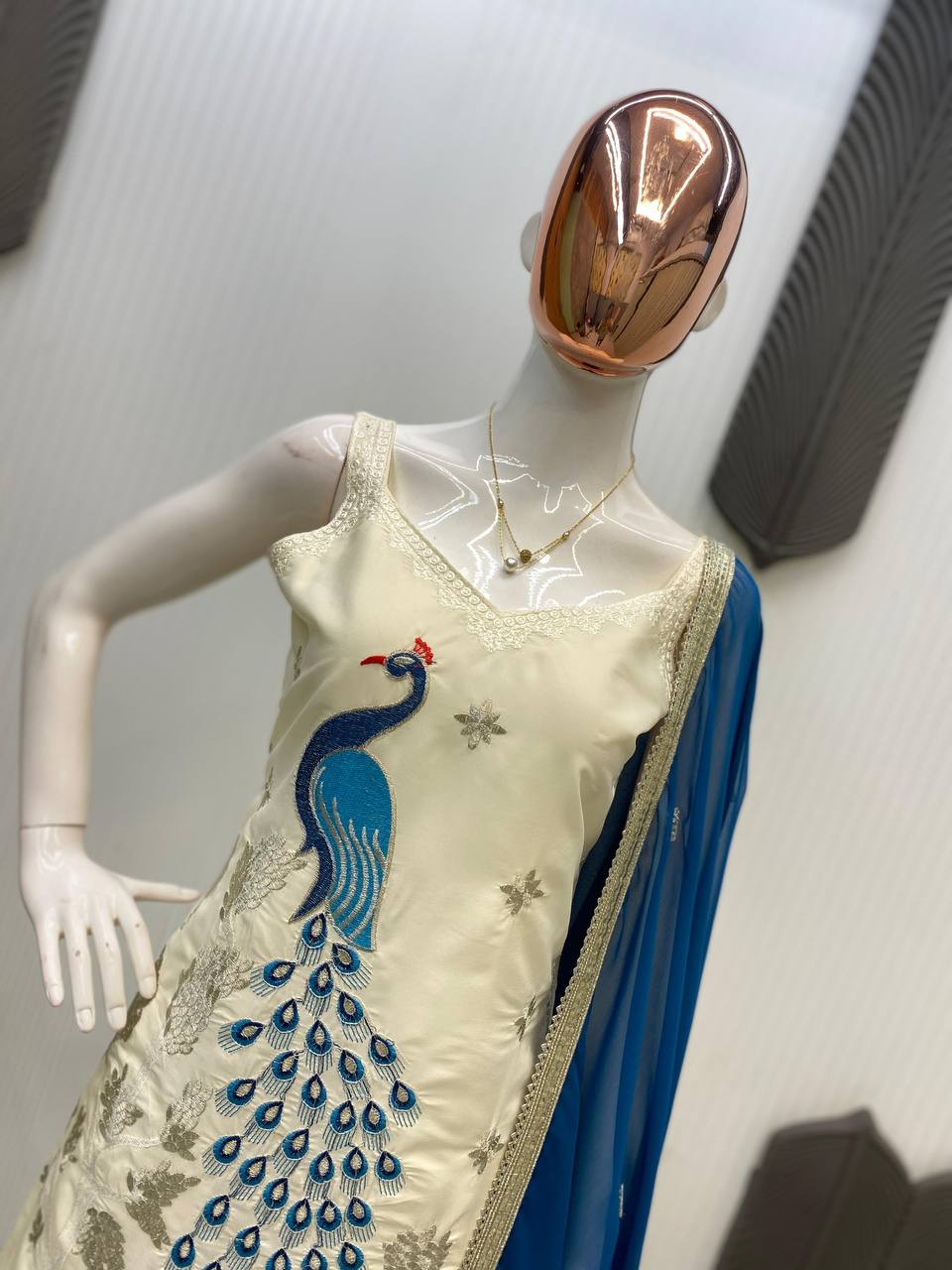 EXCLUSIVE PLAZZO PAIR WITH EMBROIDERED PEACOCK