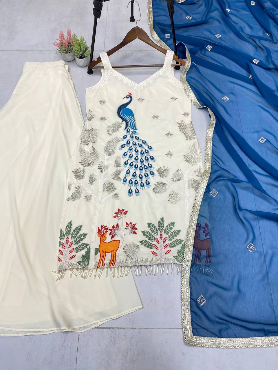 EXCLUSIVE PLAZZO PAIR WITH EMBROIDERED PEACOCK