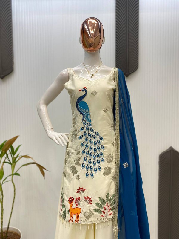 EXCLUSIVE PLAZZO PAIR WITH EMBROIDERED PEACOCK