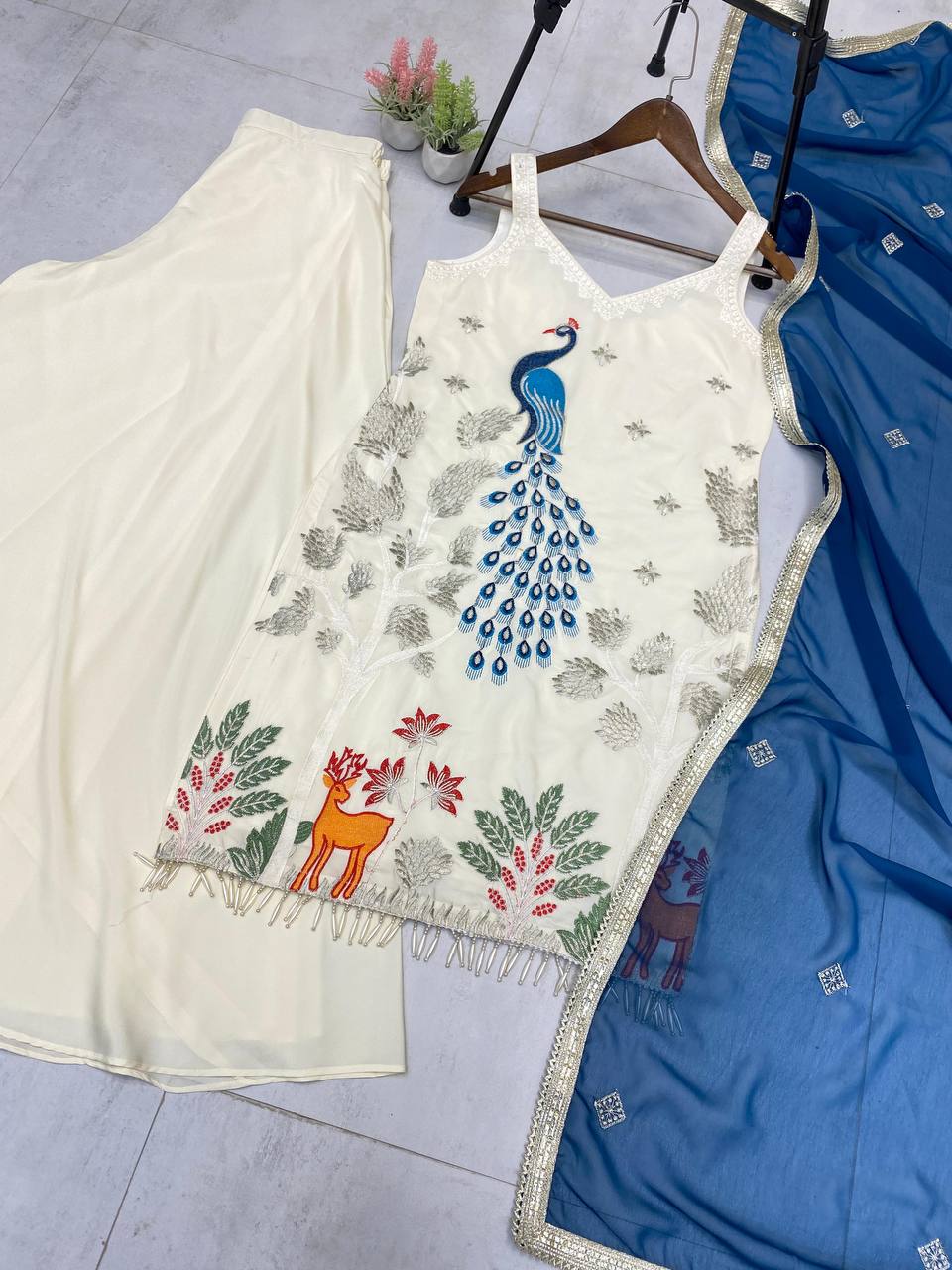 EXCLUSIVE PLAZZO PAIR WITH EMBROIDERED PEACOCK