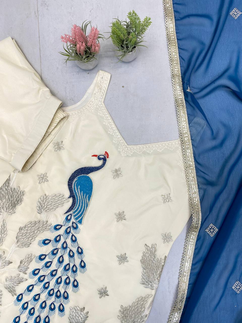 EXCLUSIVE PLAZZO PAIR WITH EMBROIDERED PEACOCK