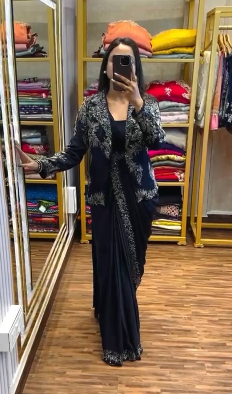 SUPERHIT TRENDING INDO-WESTERN READY TO WEAR SAREE WITH FULLY EMBROIDERED KOTI ON CHINON