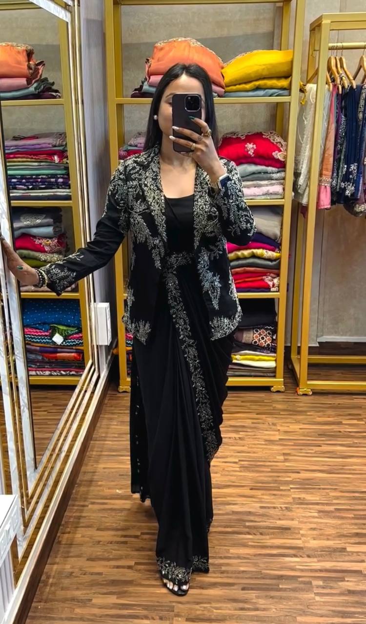 SUPERHIT TRENDING INDO-WESTERN READY TO WEAR SAREE WITH FULLY EMBROIDERED KOTI ON CHINON