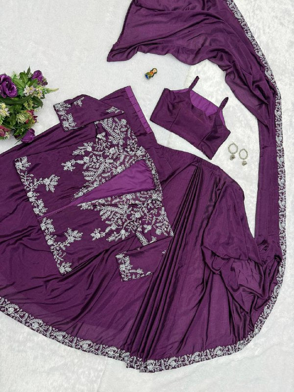 SUPERHIT TRENDING INDO-WESTERN READY TO WEAR SAREE WITH FULLY EMBROIDERED KOTI ON CHINON