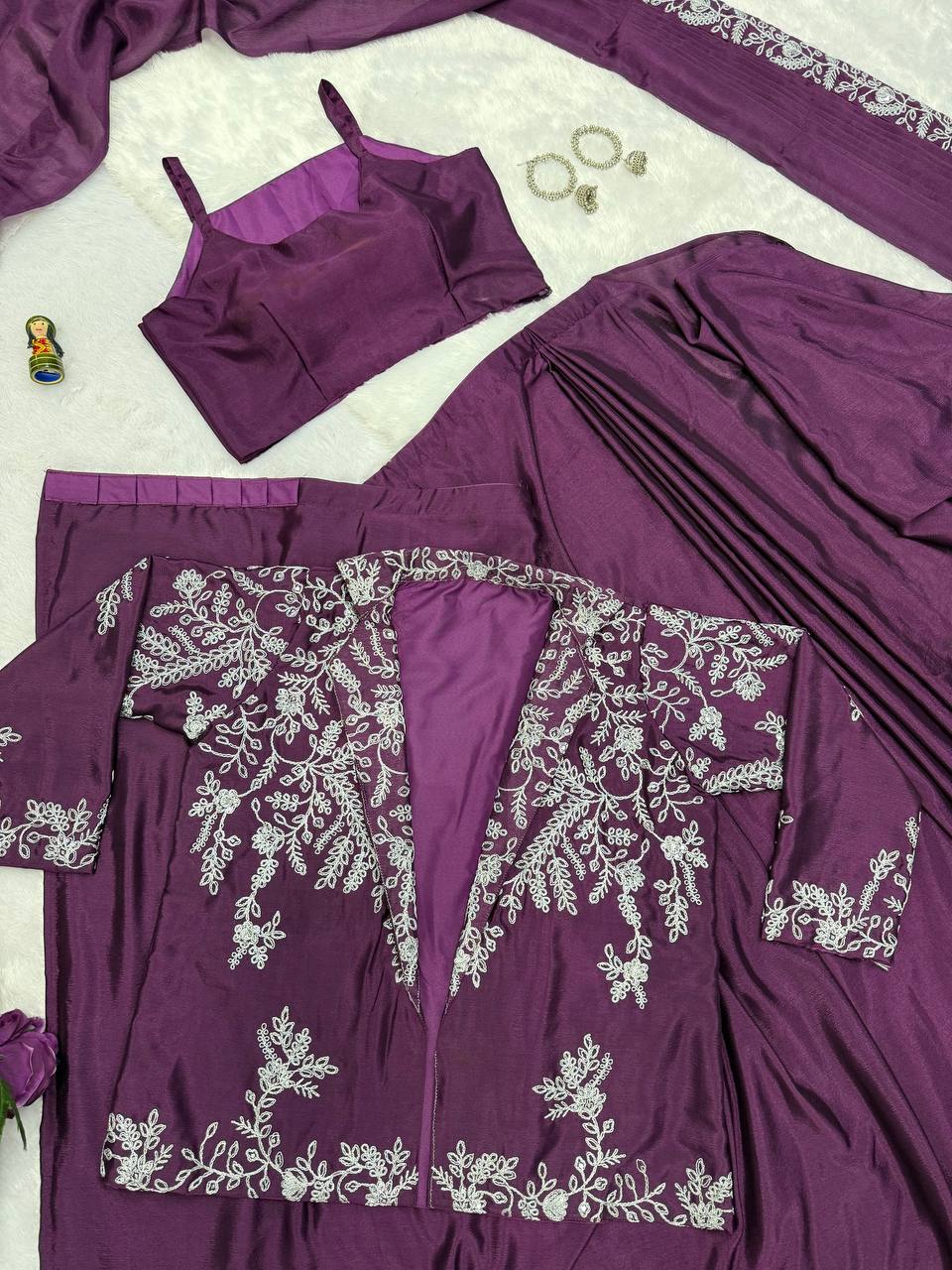 SUPERHIT TRENDING INDO-WESTERN READY TO WEAR SAREE WITH FULLY EMBROIDERED KOTI ON CHINON