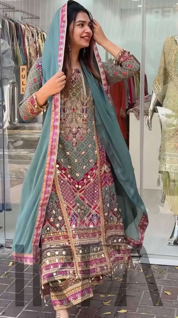 DESIGNER HEAVY FUAX GEORGETTE DIGITAL PRINT HAND WORK FANCY SALWAR SUIT