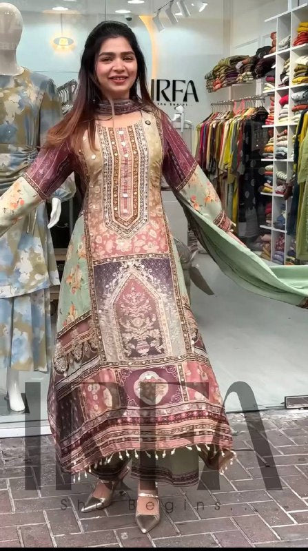 DESIGNER HEAVY FUAX GEORGETTE DIGITAL PRINT HAND WORK FANCY SALWAR SUIT