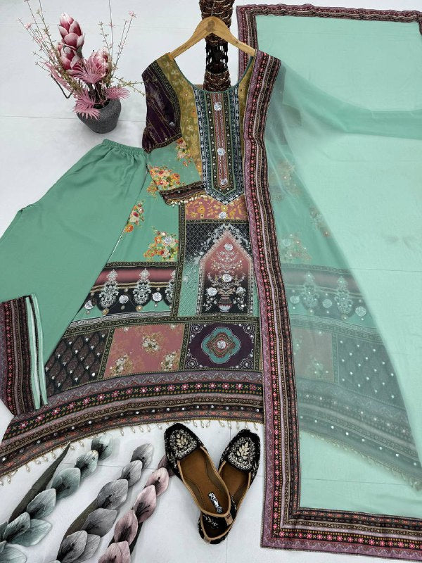 DESIGNER HEAVY FUAX GEORGETTE DIGITAL PRINT HAND WORK FANCY SALWAR SUIT