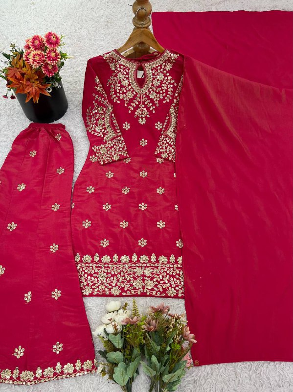 Designer Collection In simar silk With Embroidery Work Top-Bottom And Dupatta Set Fully Stitched Ready To Wear