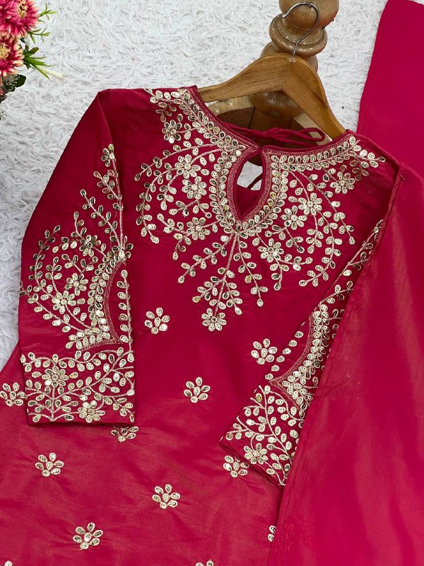 Designer Collection In simar silk With Embroidery Work Top-Bottom And Dupatta Set Fully Stitched Ready To Wear