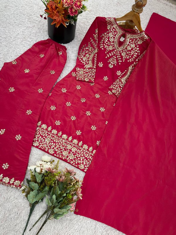 Designer Collection In simar silk With Embroidery Work Top-Bottom And Dupatta Set Fully Stitched Ready To Wear