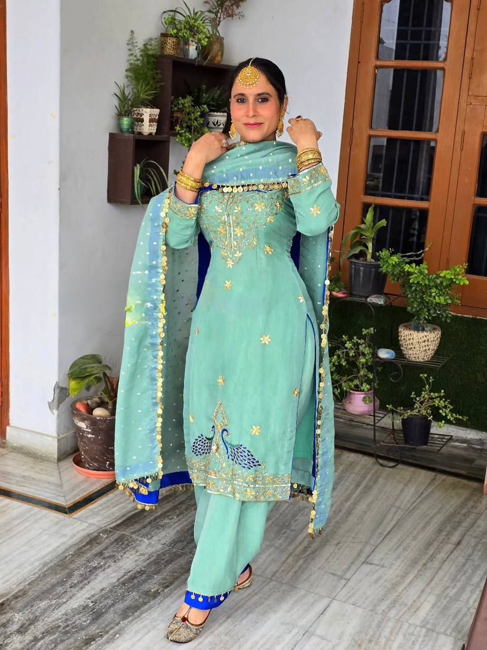 FUAX GEORGETTE EMBROIDERED CODING SEQUENCE WORK WITH FANCY TOP-PLAZZO DUPATTA SET