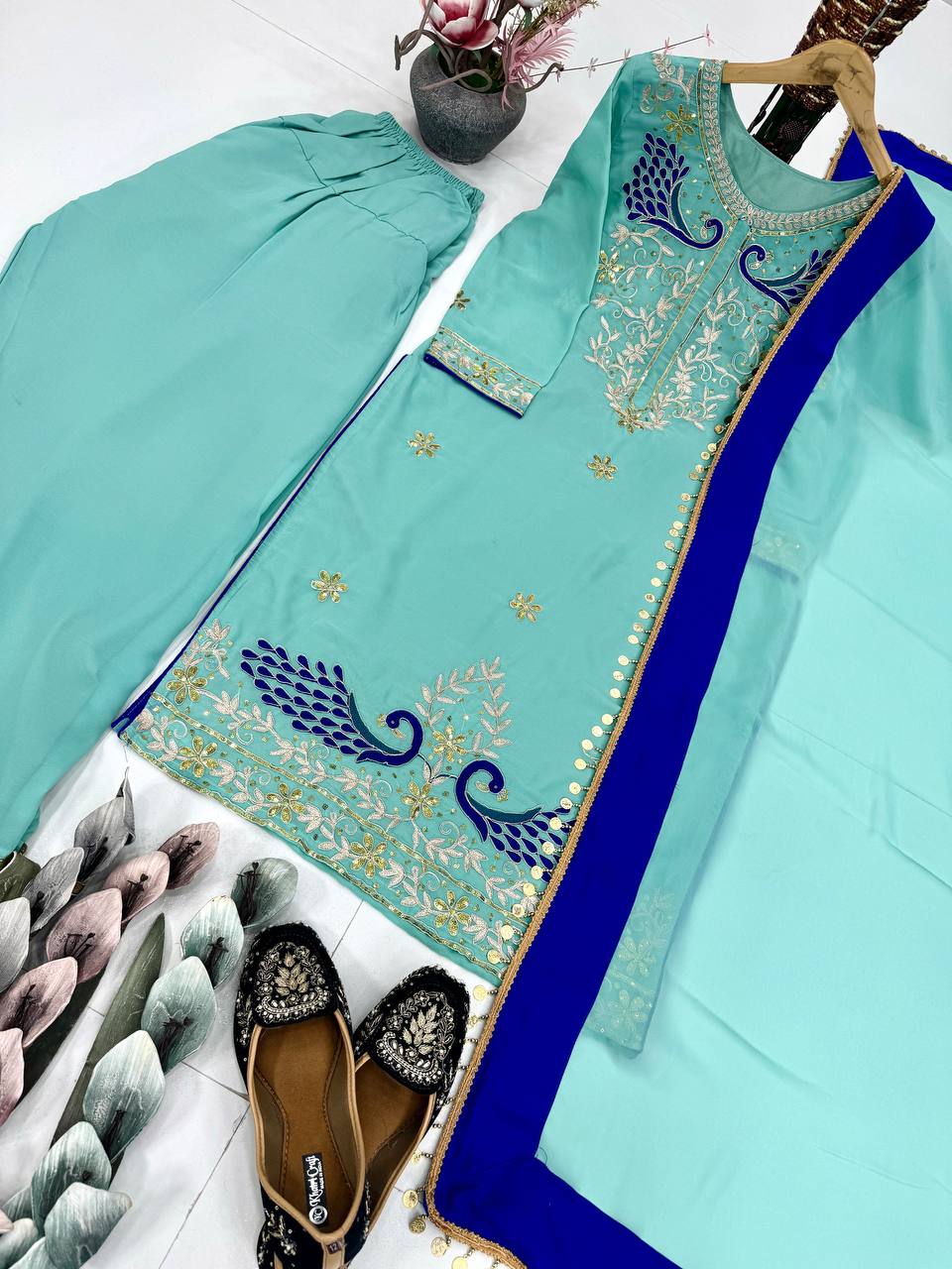 FUAX GEORGETTE EMBROIDERED CODING SEQUENCE WORK WITH FANCY TOP-PLAZZO DUPATTA SET