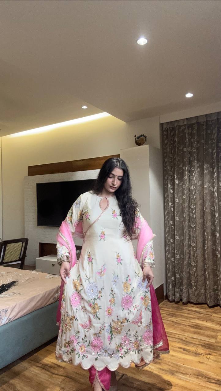 DESIGNER WEAR EMBROIDERED BOAT NECK TOP WITH TULIP SALWAAR PAIR