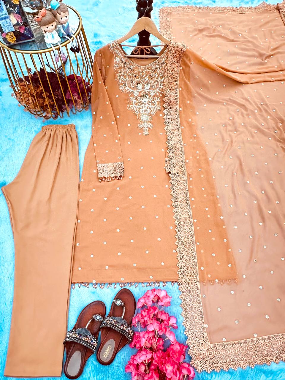 WEDDING Wear Look Heavy Faux Georgette Top Bottom & Dupatta Set