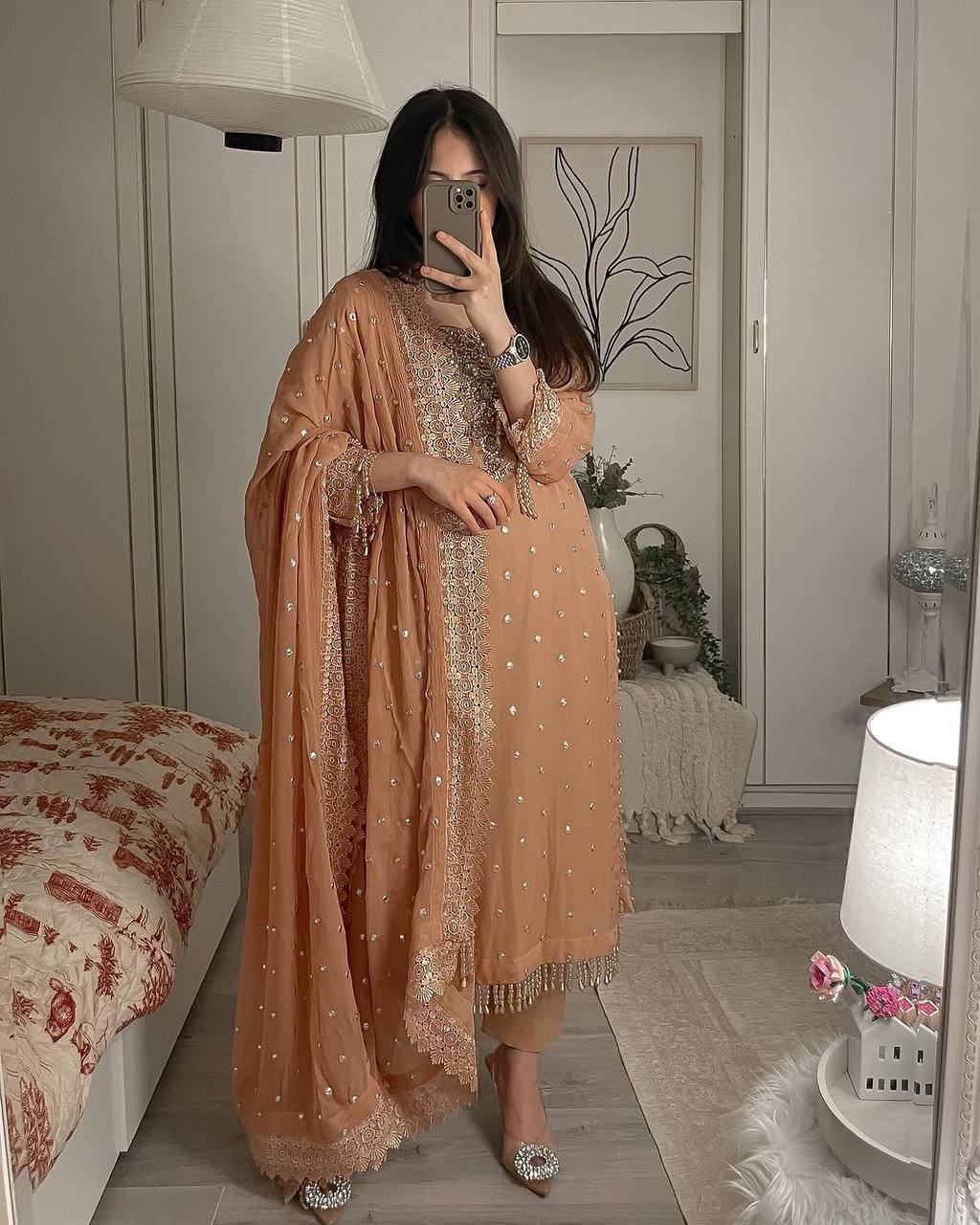 WEDDING Wear Look Heavy Faux Georgette Top Bottom & Dupatta Set