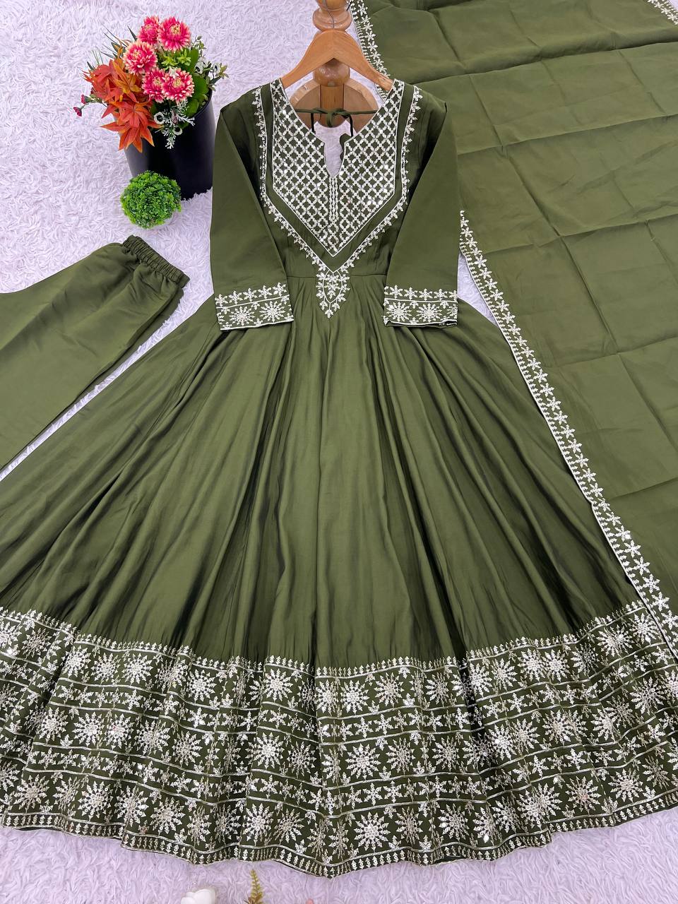 New Designer Collection In Roman simmer silk With Embroidery Work Top-Bottom And Dupatta Set Fully Stitched Ready To Wear single available wholesale
