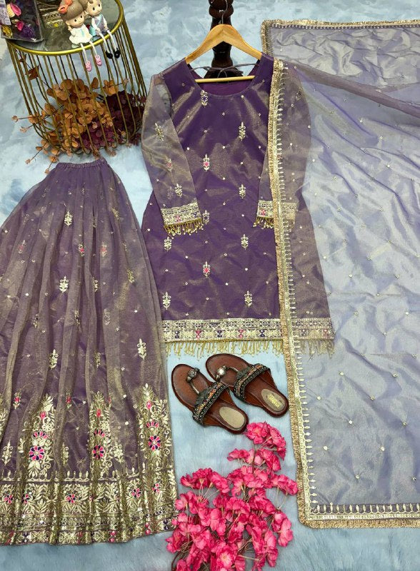 Đěsigner Party Wear Look Pur Twil Gold Net Top Plazzo & Dupatta Set