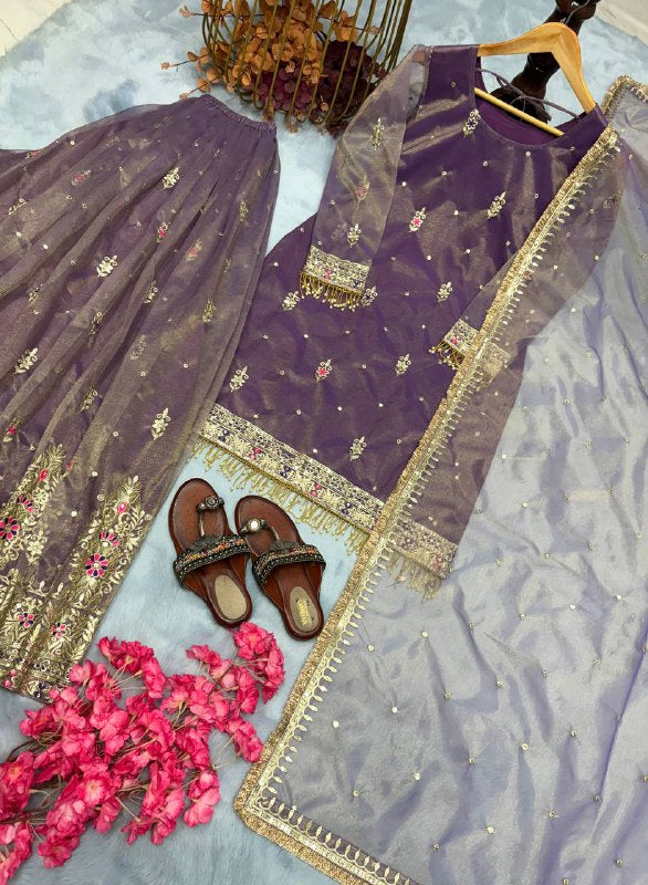 Đěsigner Party Wear Look Pur Twil Gold Net Top Plazzo & Dupatta Set