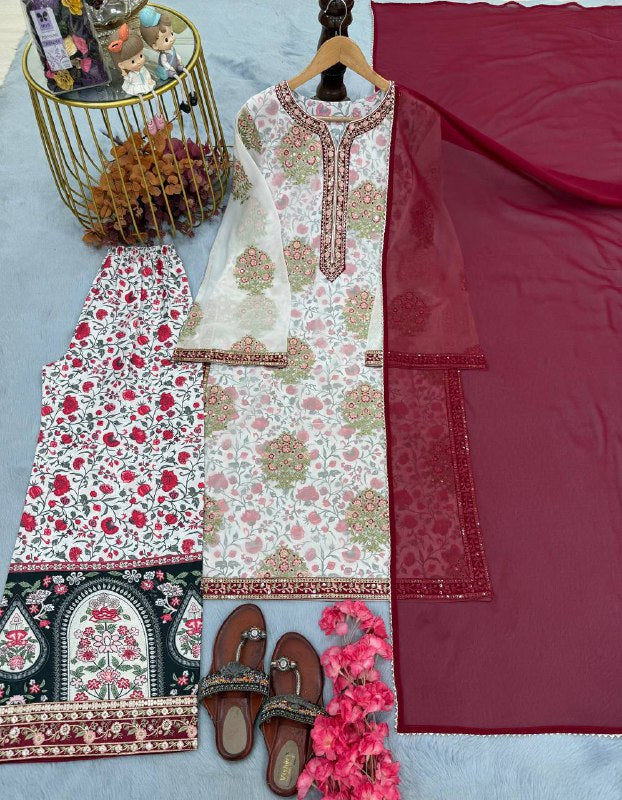 Đěsigner Party Wear Look heavy Faux georgette Top Plazzo & Dupatta Set