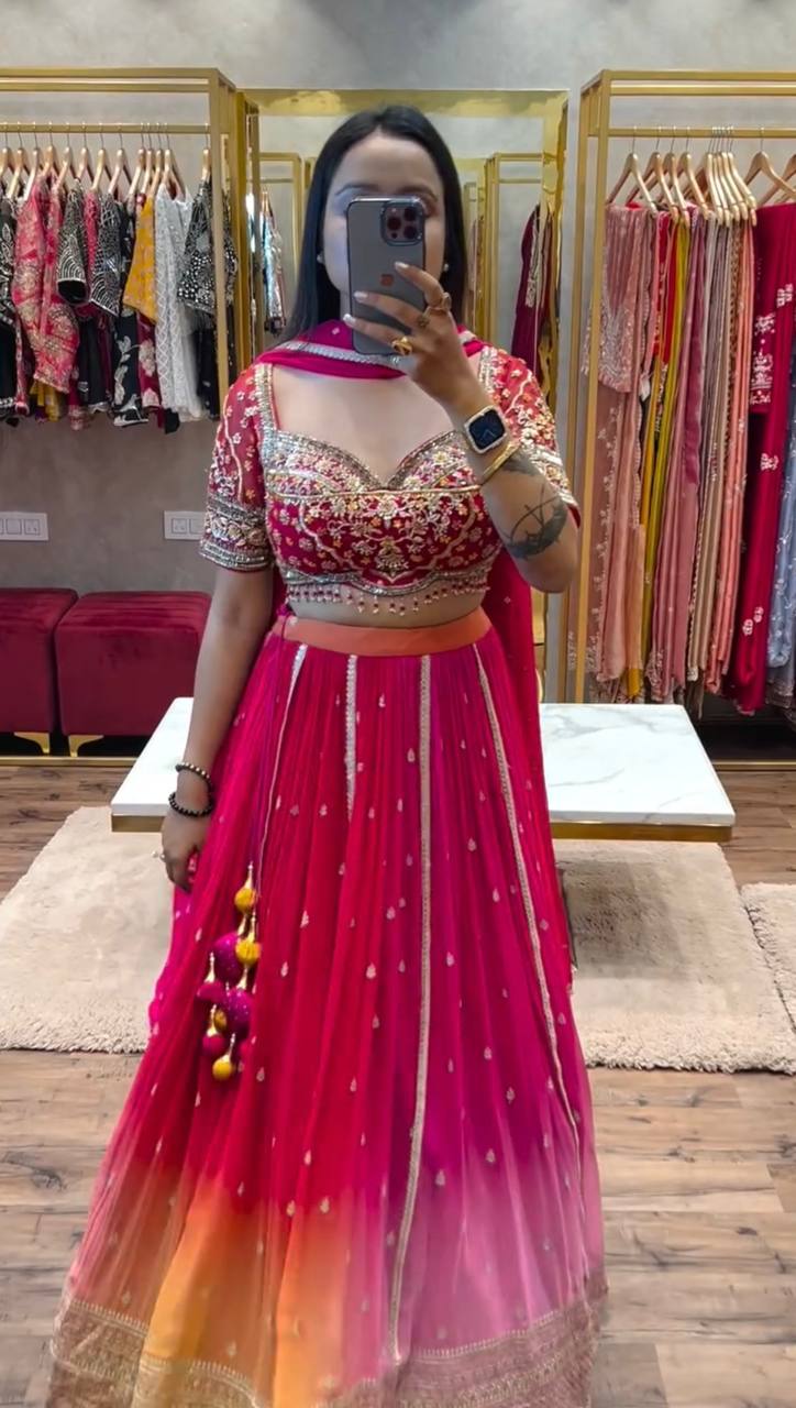 TRENDING PADDING CHINON WITH HEAVY SEQUINS EMBROIDERY WORK, FULL FLAIR STITCHED LEHENGA WITH EXCLUSIVE STITCHED BLOUSE & DUPATTA
