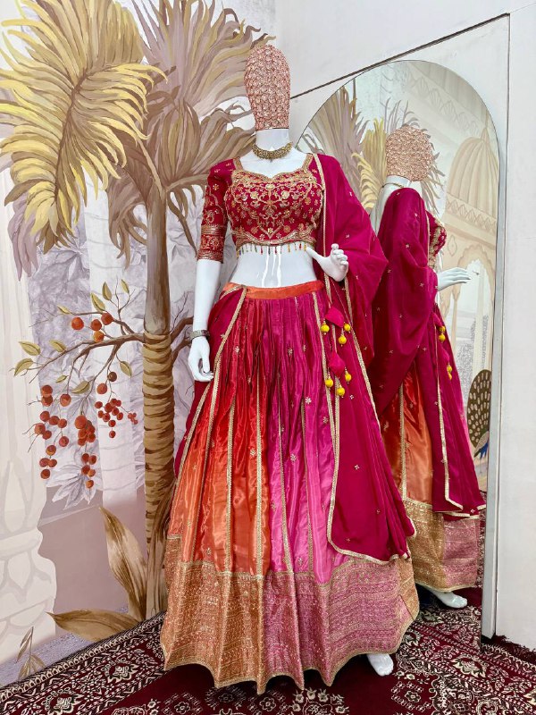 TRENDING PADDING CHINON WITH HEAVY SEQUINS EMBROIDERY WORK, FULL FLAIR STITCHED LEHENGA WITH EXCLUSIVE STITCHED BLOUSE & DUPATTA