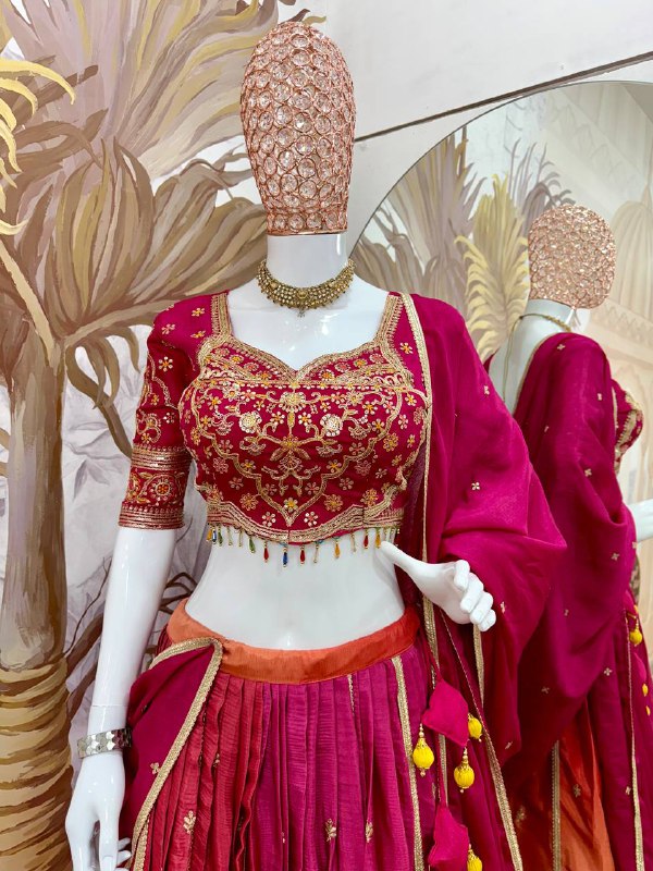 TRENDING PADDING CHINON WITH HEAVY SEQUINS EMBROIDERY WORK, FULL FLAIR STITCHED LEHENGA WITH EXCLUSIVE STITCHED BLOUSE & DUPATTA