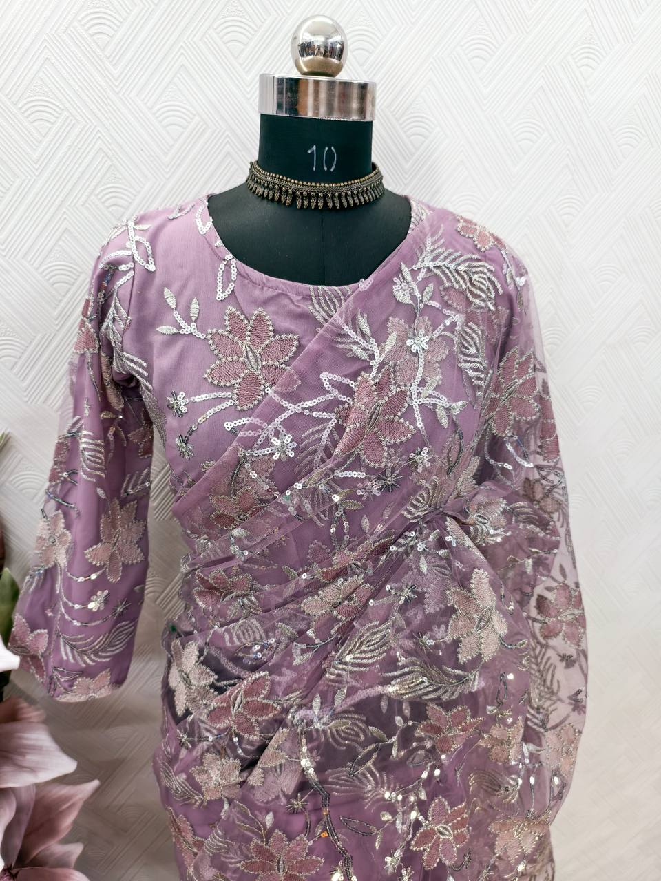 DESIGNER HEAVY NATURAL SILK AND SOFT NET WITH EMBROIDERY SEQUENCE WORK single available wholesale