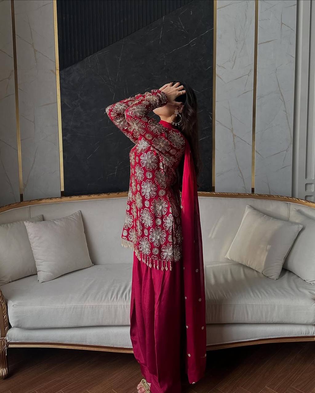 Trending Farsi Suit With Natural Crep fabric & Embroidery work Top Sharara nd Duppata