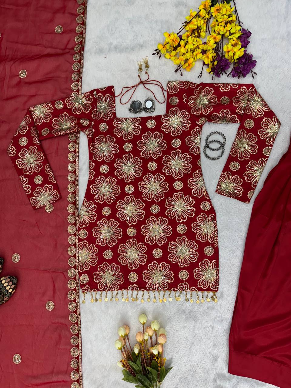 Trending Farsi Suit With Natural Crep fabric & Embroidery work Top Sharara nd Duppata