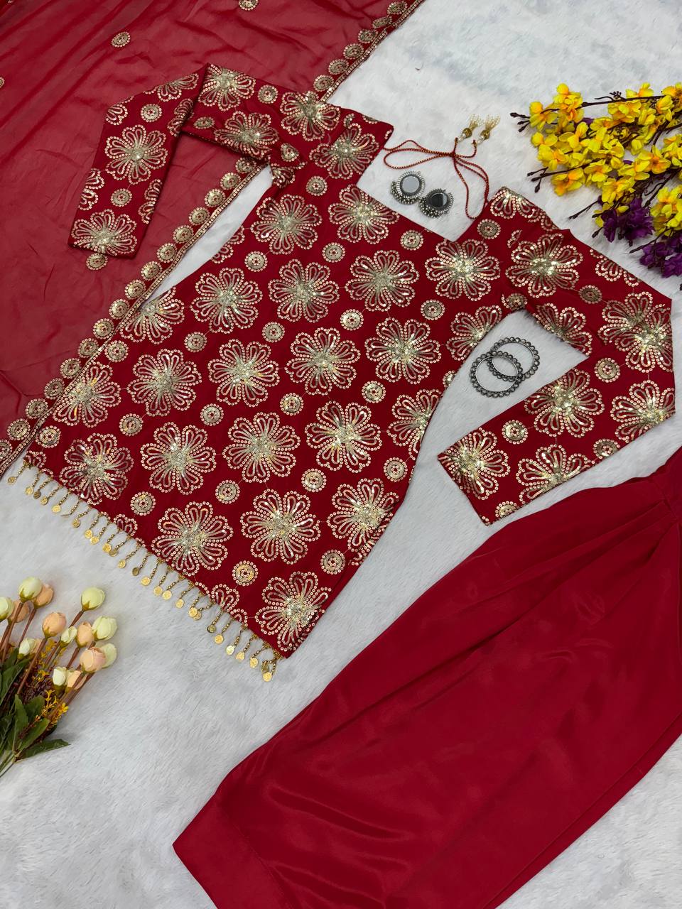Trending Farsi Suit With Natural Crep fabric & Embroidery work Top Sharara nd Duppata