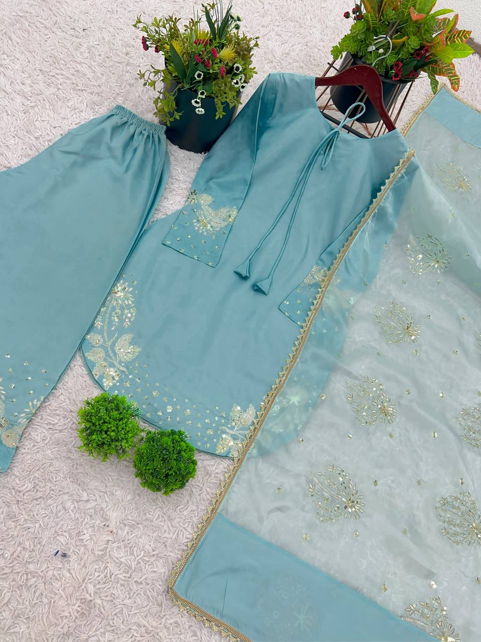 New Designer Collection In Natural Crep Silk Top-Bottom And Dupatta Set Fully Stitched Ready To Wear