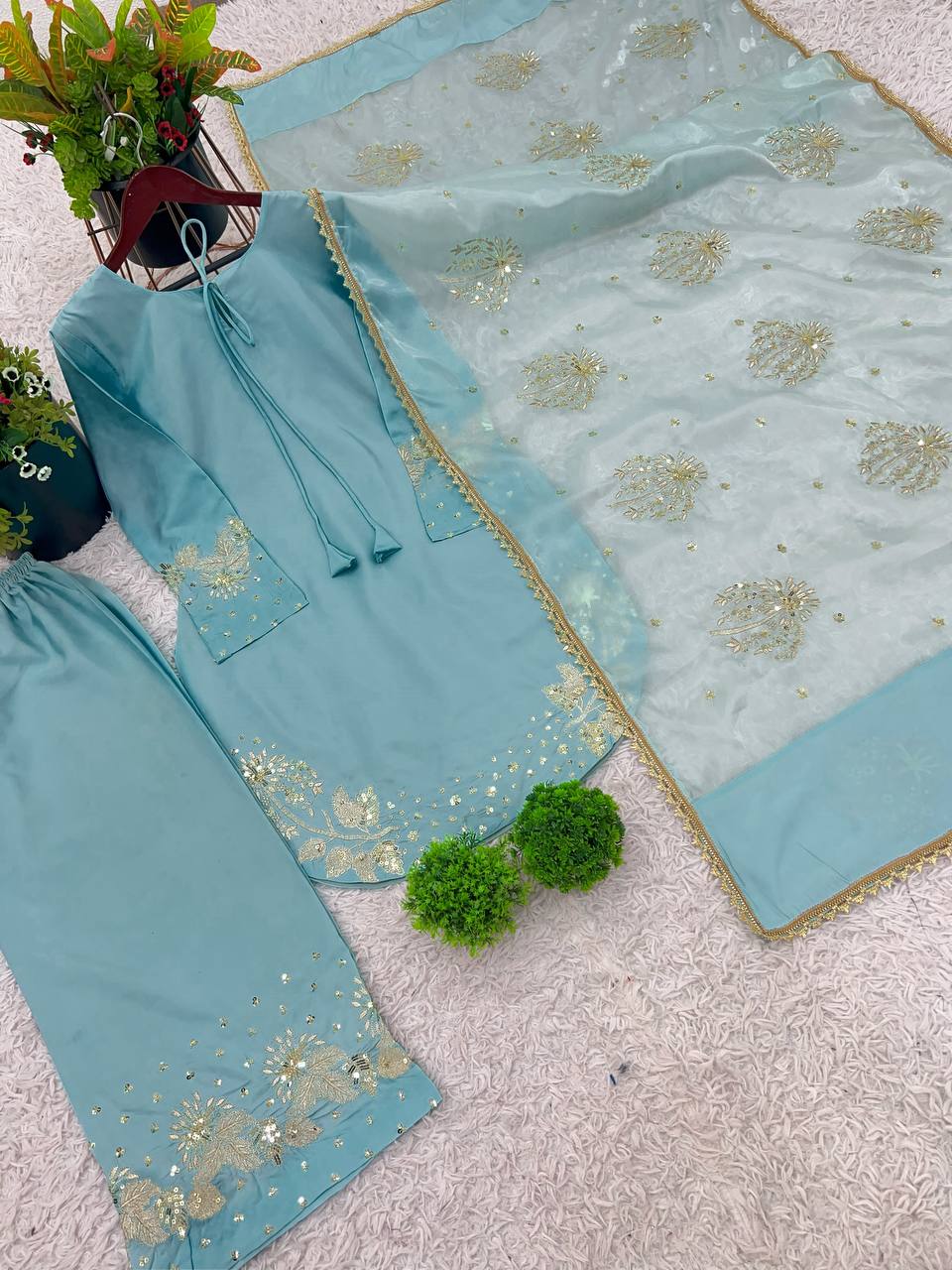 New Designer Collection In Natural Crep Silk Top-Bottom And Dupatta Set Fully Stitched Ready To Wear