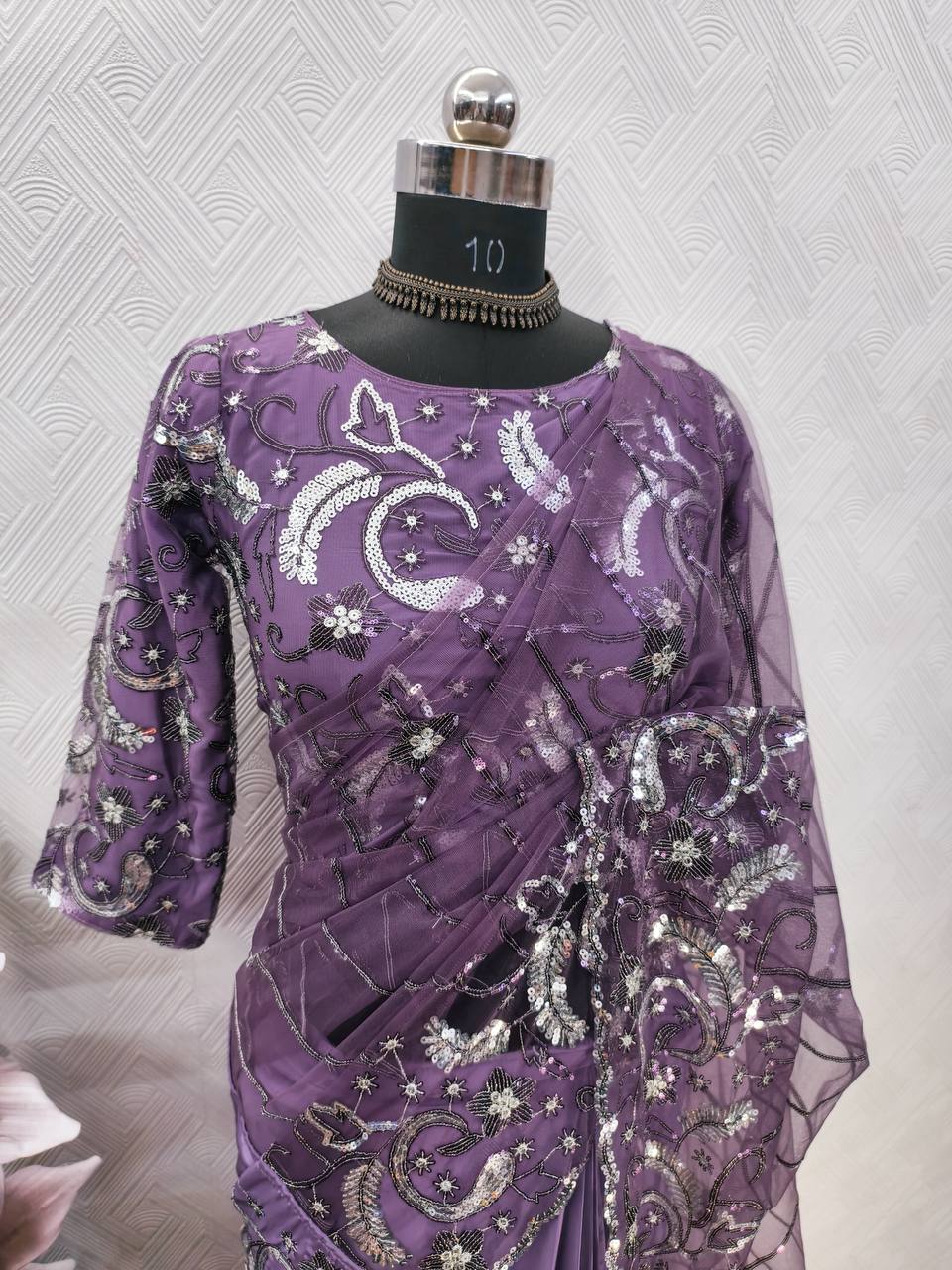 DESIGNER HEAVY NATURAL SILK AND SOFT NET WITH EMBROIDERY SEQUENCE WORK single available wholesale