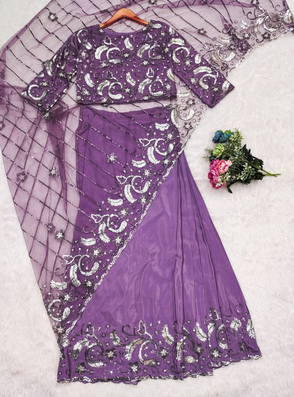 DESIGNER HEAVY NATURAL SILK AND SOFT NET WITH EMBROIDERY SEQUENCE WORK single available wholesale