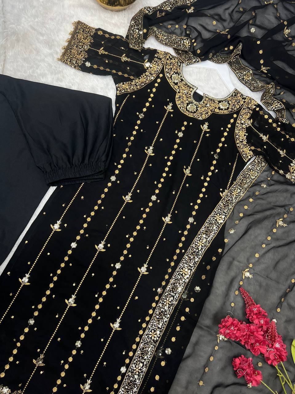 New Premium Collection With Embroidery And Sequence Worked Top-Bottom And Dupatta Set Fully Stitched Ready To Wear