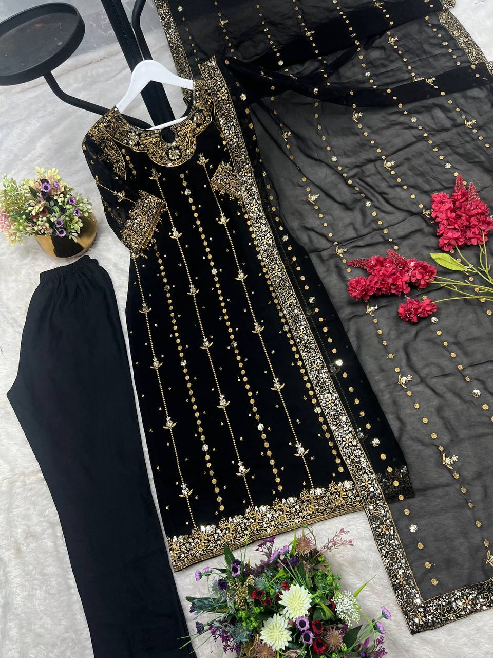New Premium Collection With Embroidery And Sequence Worked Top-Bottom And Dupatta Set Fully Stitched Ready To Wear