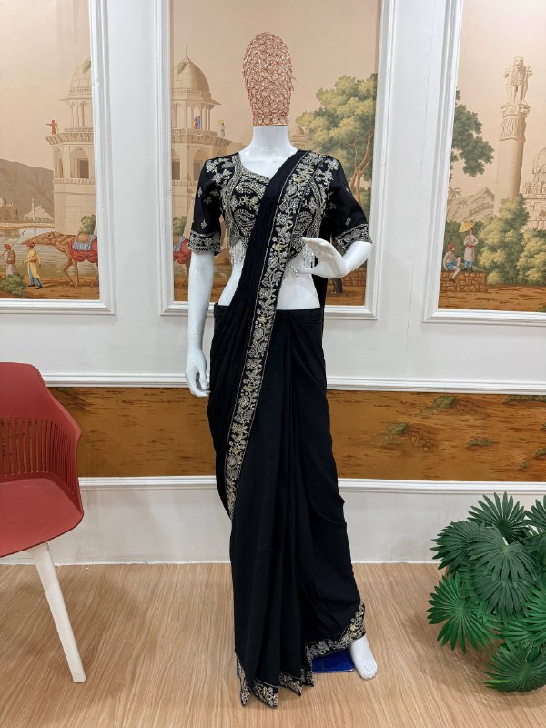 DRAPE SAREE….* 🚀 *🥻EXCLUSIVE OUTFIT AS READY TO WEAR SAREE WITH SEMI-BEADS & EMBROIDERED STYLIST BLOUSE & ON CHINON FABRIC🥻
