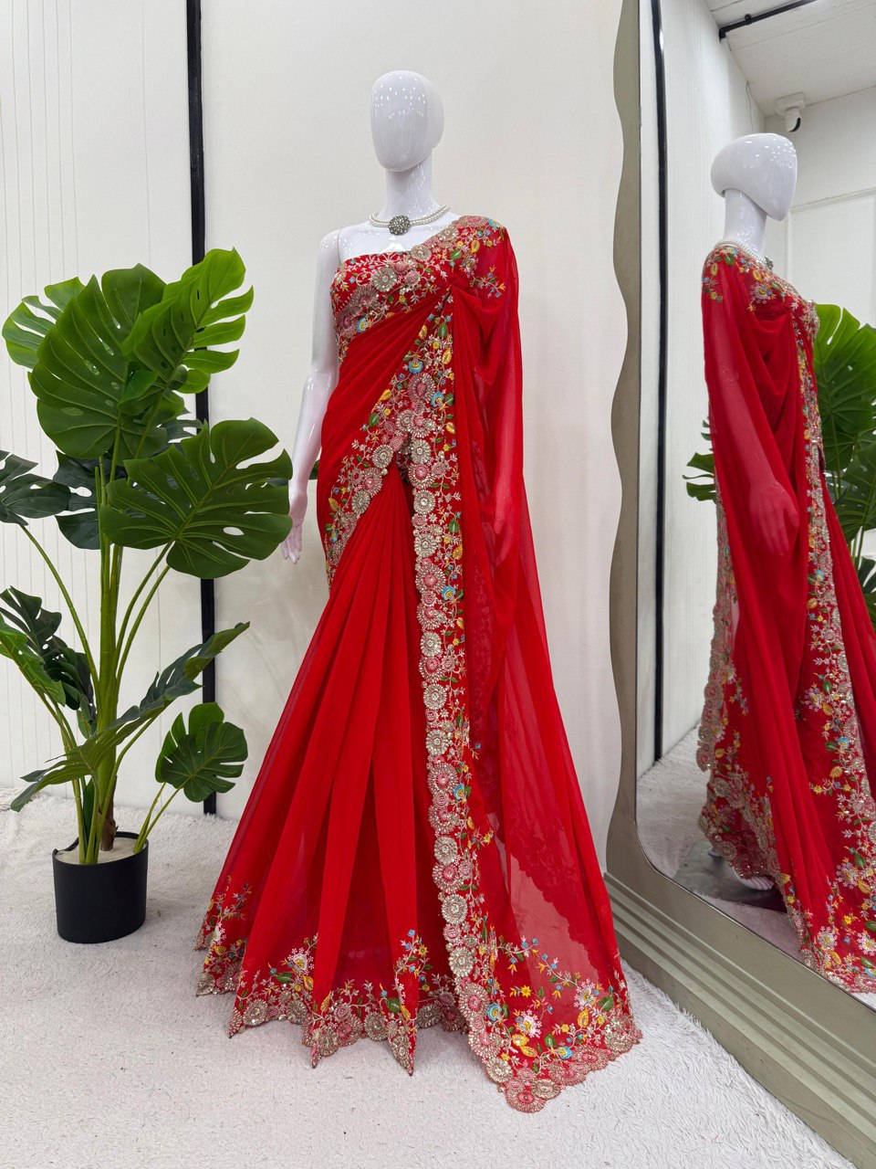 Looking some one for this same colour beautiful Designer Saree on Faux Georgette Febric with Thred & Sequnce work and blouse on also Faux Georgette Febric with Thred & Sequnce work.