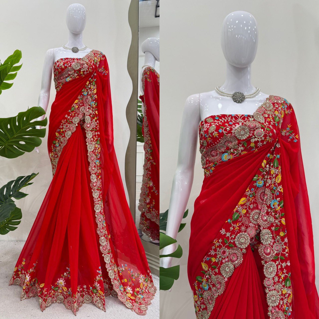 Looking some one for this same colour beautiful Designer Saree on Faux Georgette Febric with Thred & Sequnce work and blouse on also Faux Georgette Febric with Thred & Sequnce work.