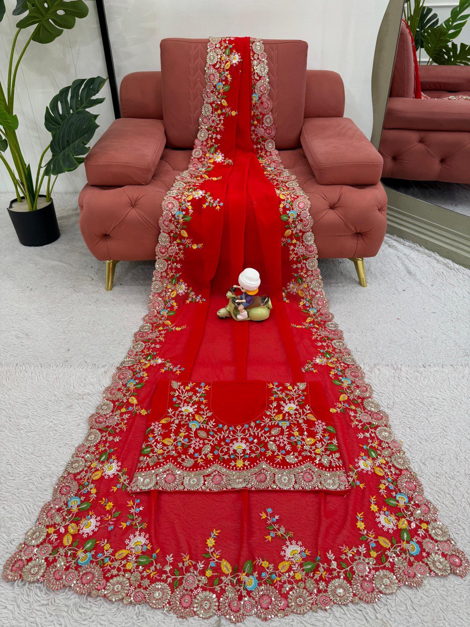 Looking some one for this same colour beautiful Designer Saree on Faux Georgette Febric with Thred & Sequnce work and blouse on also Faux Georgette Febric with Thred & Sequnce work.