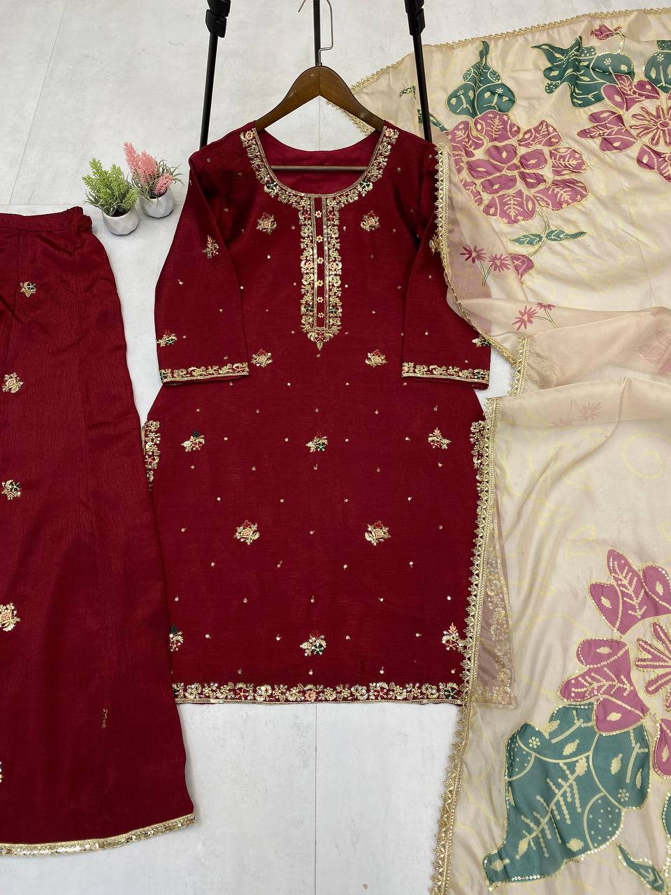 DESIGNER WEAR EXCLUSIVE SUIT IN EMBROIDERED WORKED TOP AND PLAZZO WITH DUPATTA PAIR*