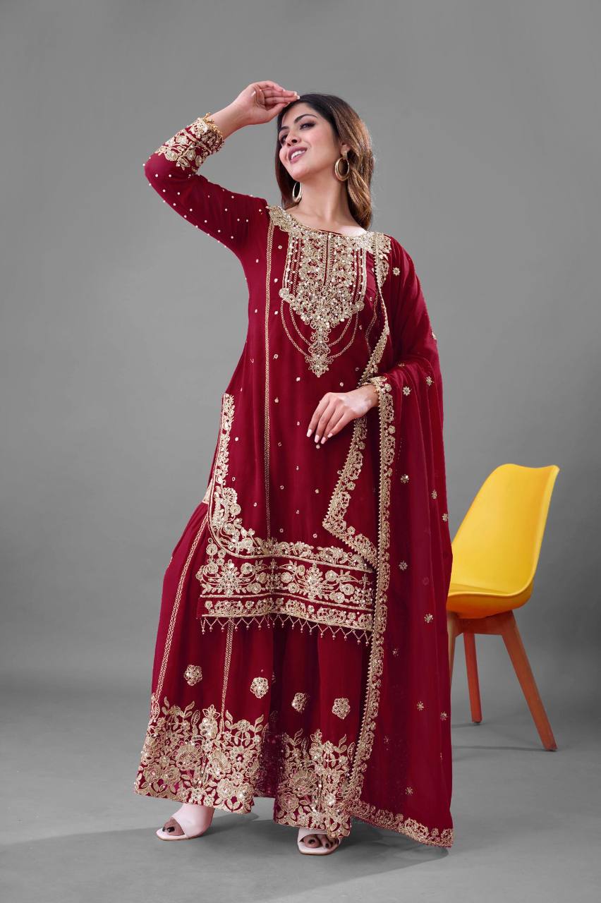 Designer Collection In Pure Heavy Faux Georgette With Heavy Embroidery Coding Dori-Sequence Work Top-Bottom And Dupatta Set Fully Stitched Ready To Wear
