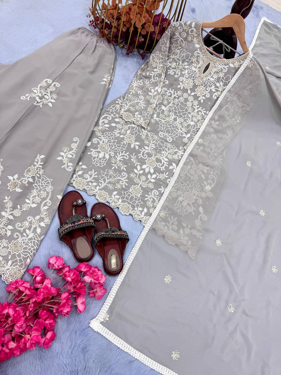 Party Wear Look Pur Heavy Faux Georgette Top Plazzo & Dupatta Set