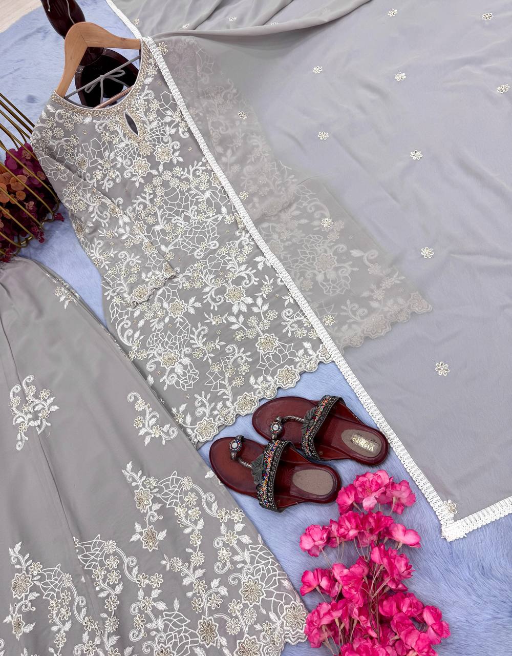 Party Wear Look Pur Heavy Faux Georgette Top Plazzo & Dupatta Set