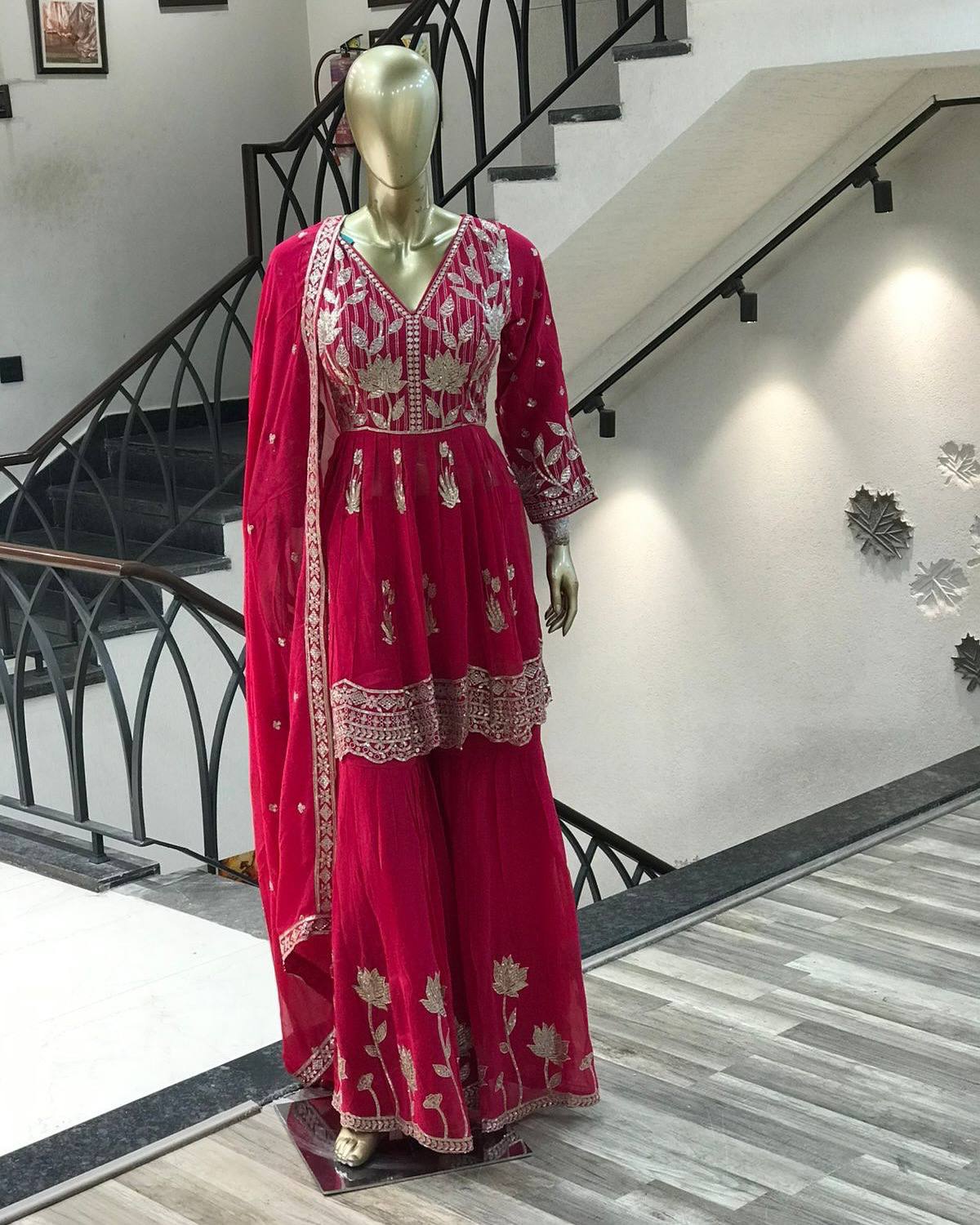 NEW READY TO WEAR SPACIAL FANCY DESIGN HEAVY EMBROIDERY AND SEQUENCE WORK TOP -SHARARA WITH DUPATTA