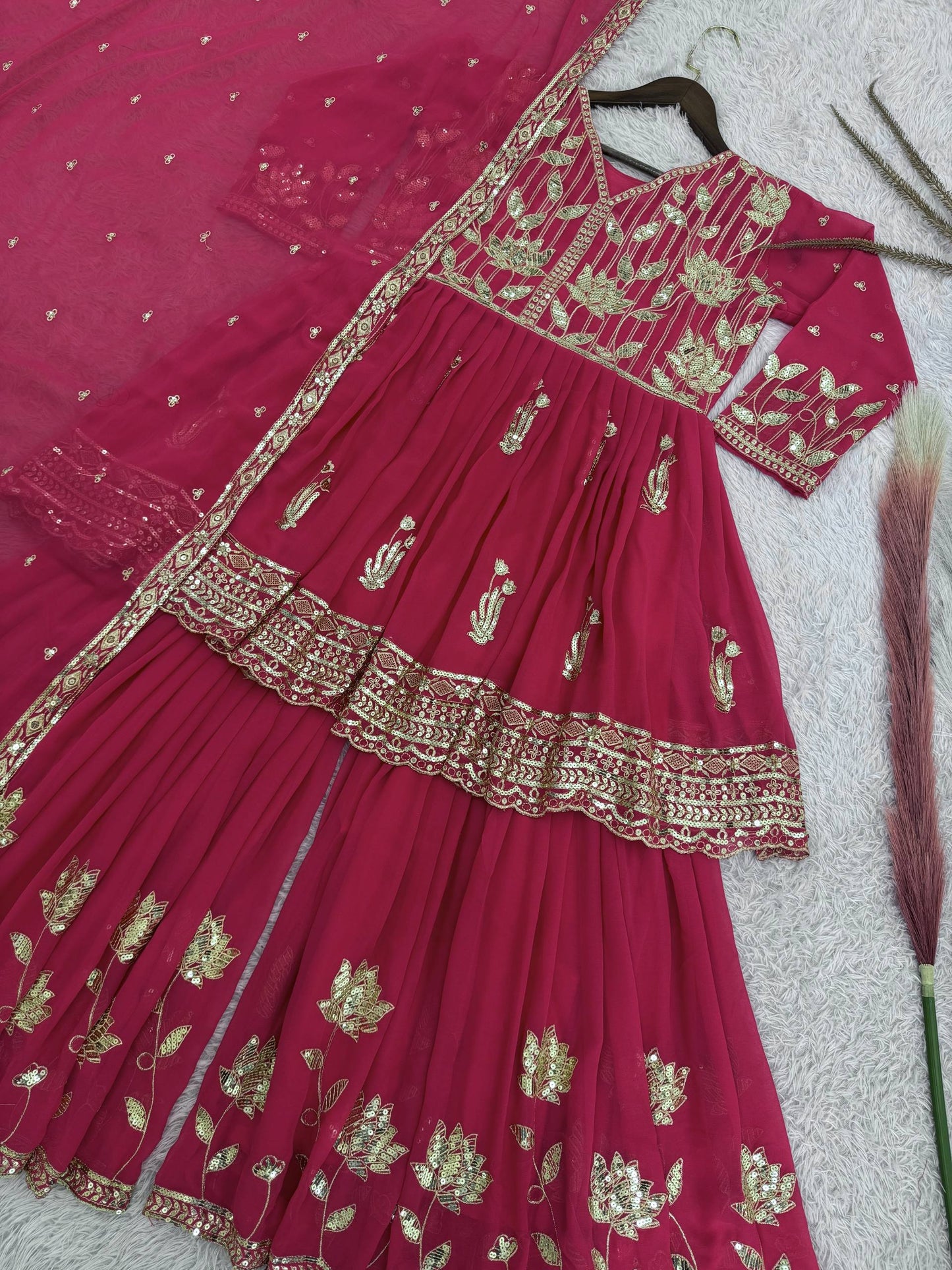 NEW READY TO WEAR SPACIAL FANCY DESIGN HEAVY EMBROIDERY AND SEQUENCE WORK TOP -SHARARA WITH DUPATTA