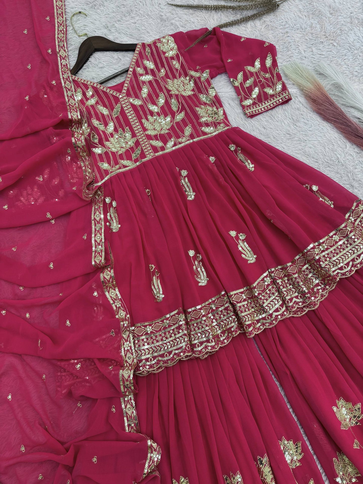 NEW READY TO WEAR SPACIAL FANCY DESIGN HEAVY EMBROIDERY AND SEQUENCE WORK TOP -SHARARA WITH DUPATTA