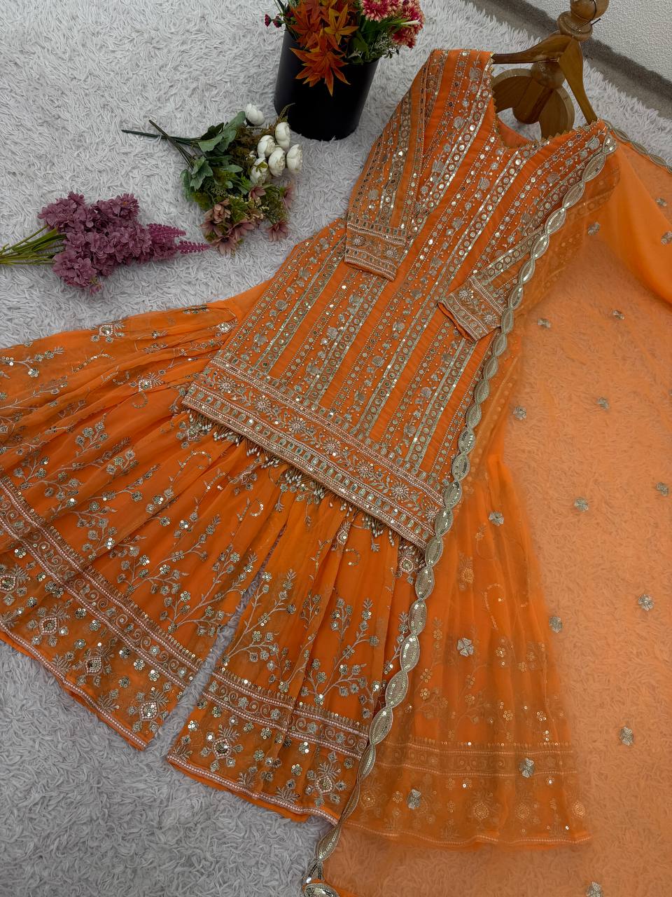 Designer Collection In Pure Heavy Faux Georgette With Heavy Embroidery Sequence Work Top-Bottom And Dupatta Set Fully Stitched Ready To Wear single available wholesale